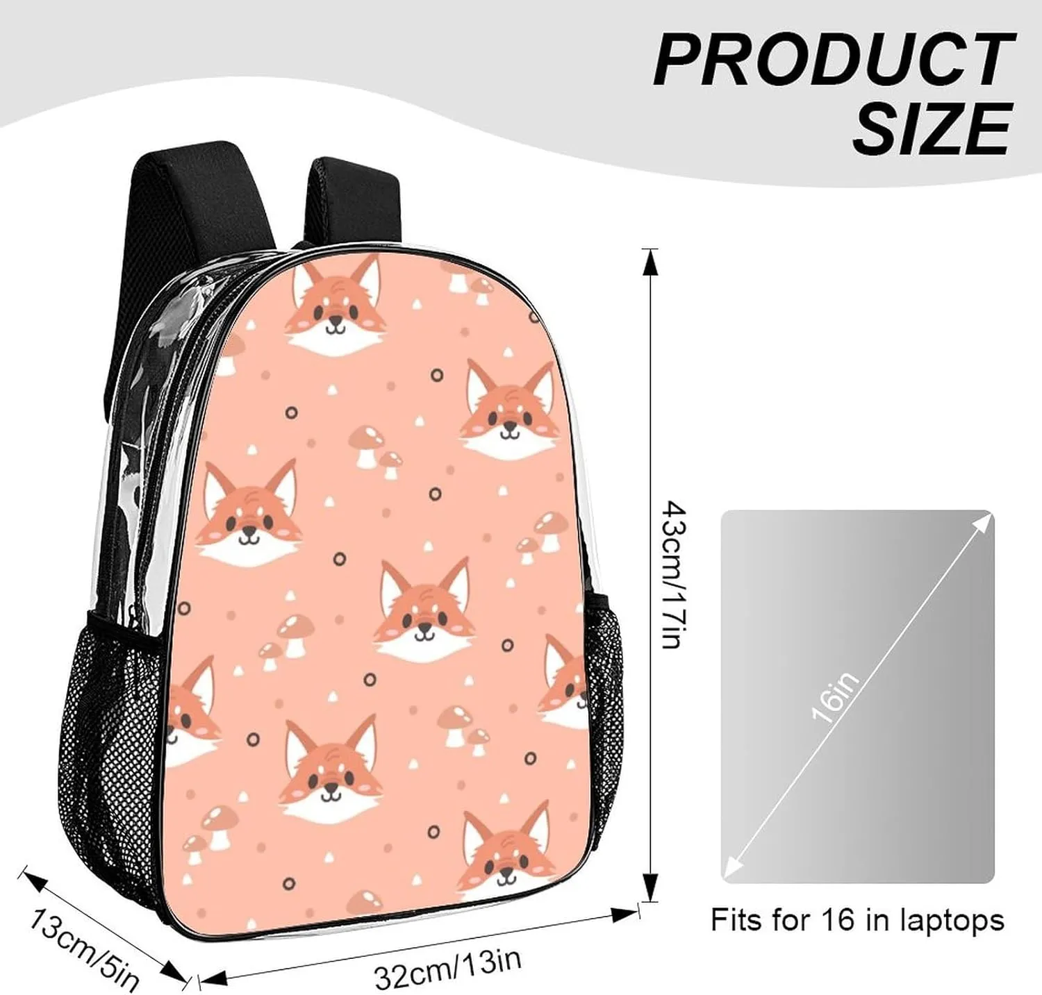 Clear Backpack Heavy Duty Cute Fox Summer 16 Inch for Stadium Events Concert Travel Work Sport Hiking Waterproof Sturdy Transparent Bag for Men Women