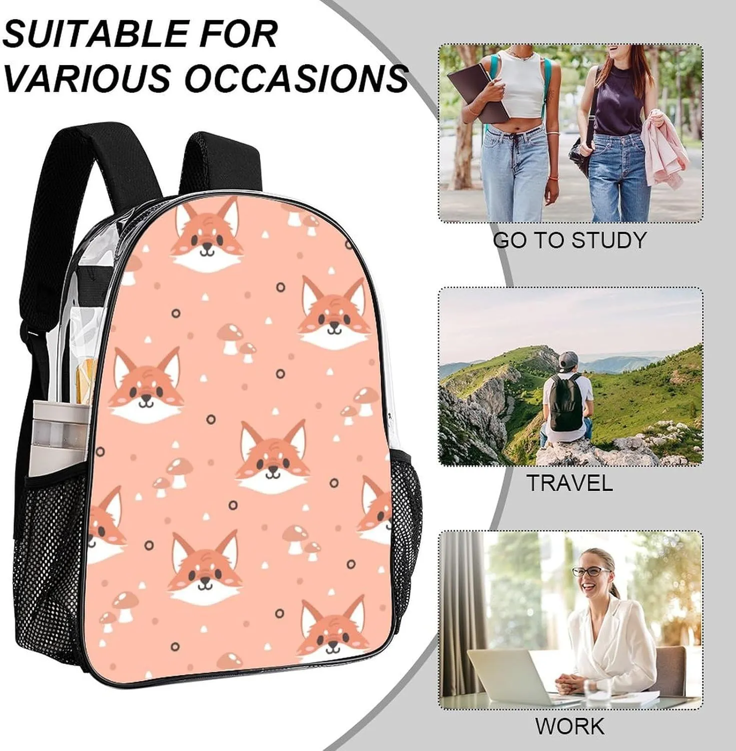 Clear Backpack Heavy Duty Cute Fox Summer 16 Inch for Stadium Events Concert Travel Work Sport Hiking Waterproof Sturdy Transparent Bag for Men Women