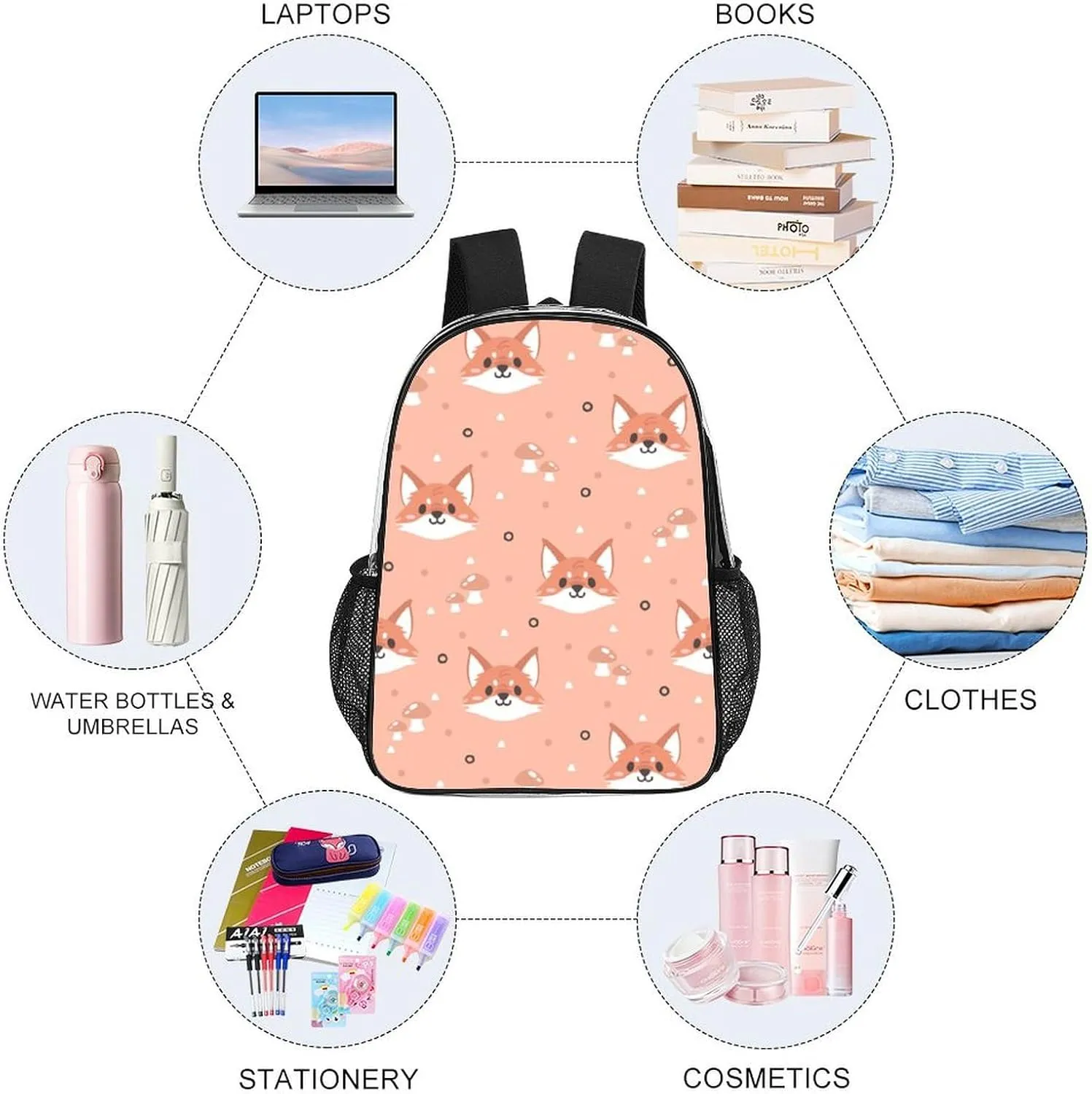 Clear Backpack Heavy Duty Cute Fox Summer 16 Inch for Stadium Events Concert Travel Work Sport Hiking Waterproof Sturdy Transparent Bag for Men Women