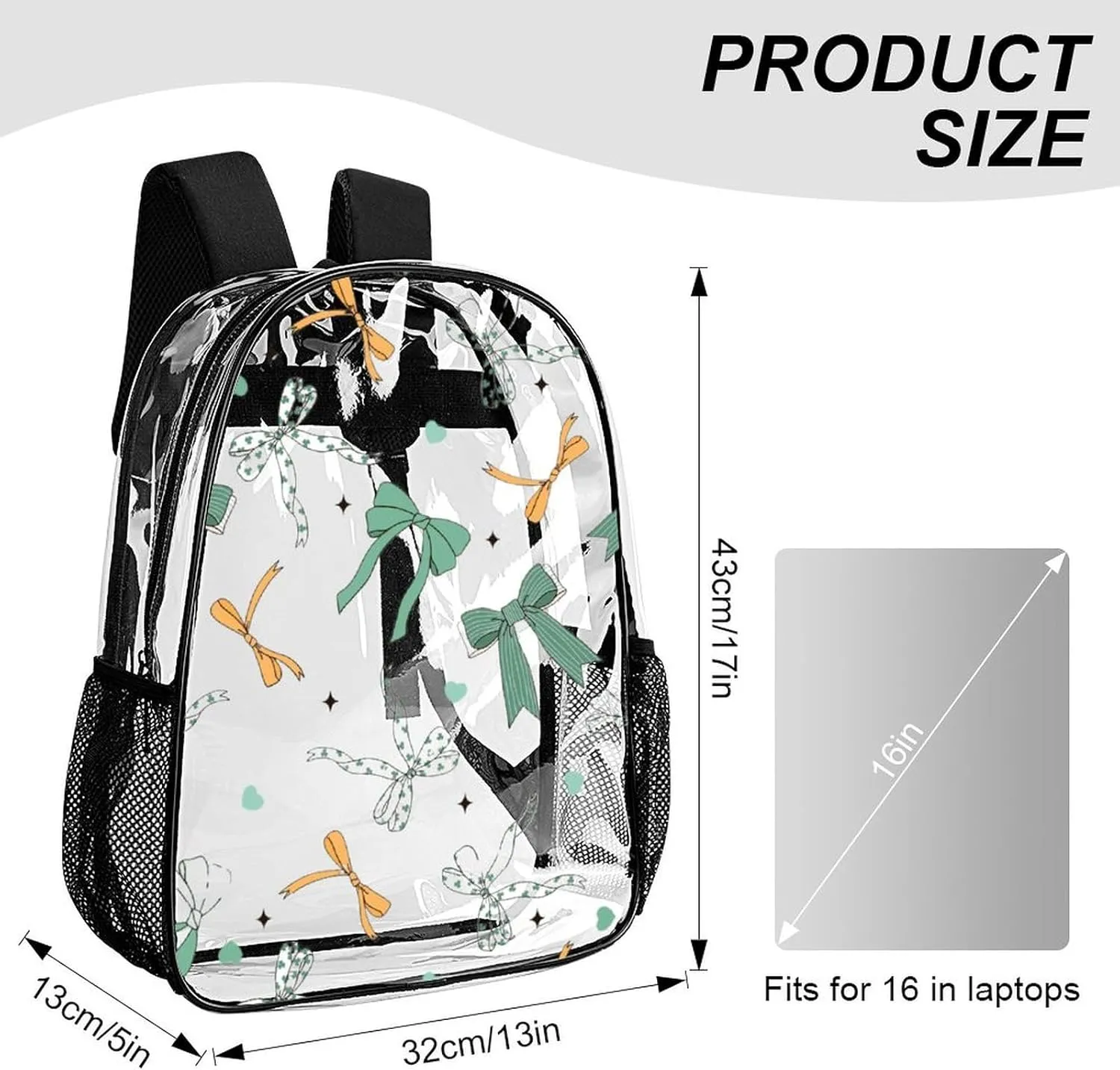 Clear Backpack Heavy Duty Cute Green Bows 16 Inch for Stadium Events Concert Travel Work Sport Hiking Waterproof Sturdy Transparent Bag for Men Women