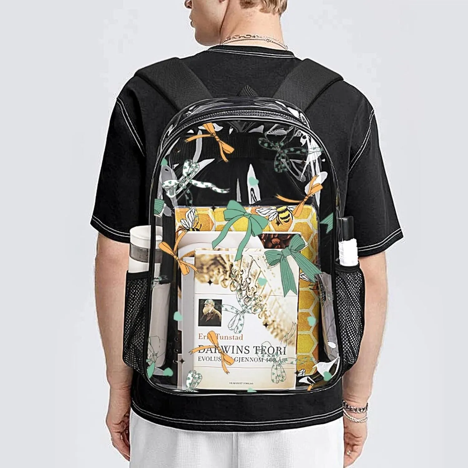Clear Backpack Heavy Duty Cute Green Bows 16 Inch for Stadium Events Concert Travel Work Sport Hiking Waterproof Sturdy Transparent Bag for Men Women