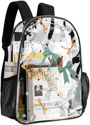 Clear Backpack Heavy Duty Cute Green Bows 16 Inch for Stadium Events Concert Travel Work Sport Hiking Waterproof Sturdy Transparent Bag for Men Women