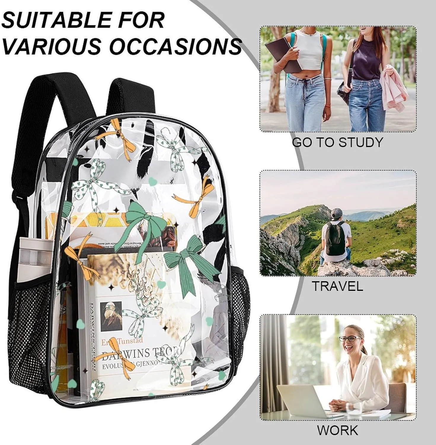 Clear Backpack Heavy Duty Cute Green Bows 16 Inch for Stadium Events Concert Travel Work Sport Hiking Waterproof Sturdy Transparent Bag for Men Women