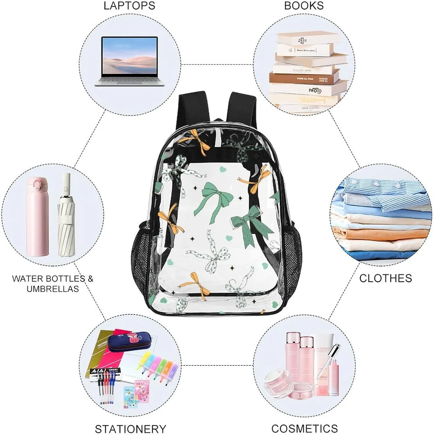 Clear Backpack Heavy Duty Cute Green Bows 16 Inch for Stadium Events Concert Travel Work Sport Hiking Waterproof Sturdy Transparent Bag for Men Women