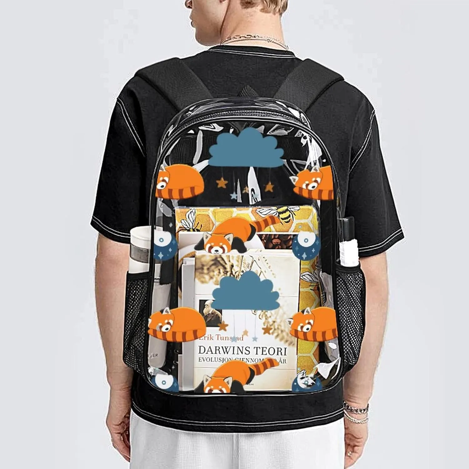 Clear Backpack Heavy Duty Red Panda Moon 16 Inch for Stadium Events Concert Travel Work Sport Hiking Waterproof Sturdy Transparent Bag for Men Women