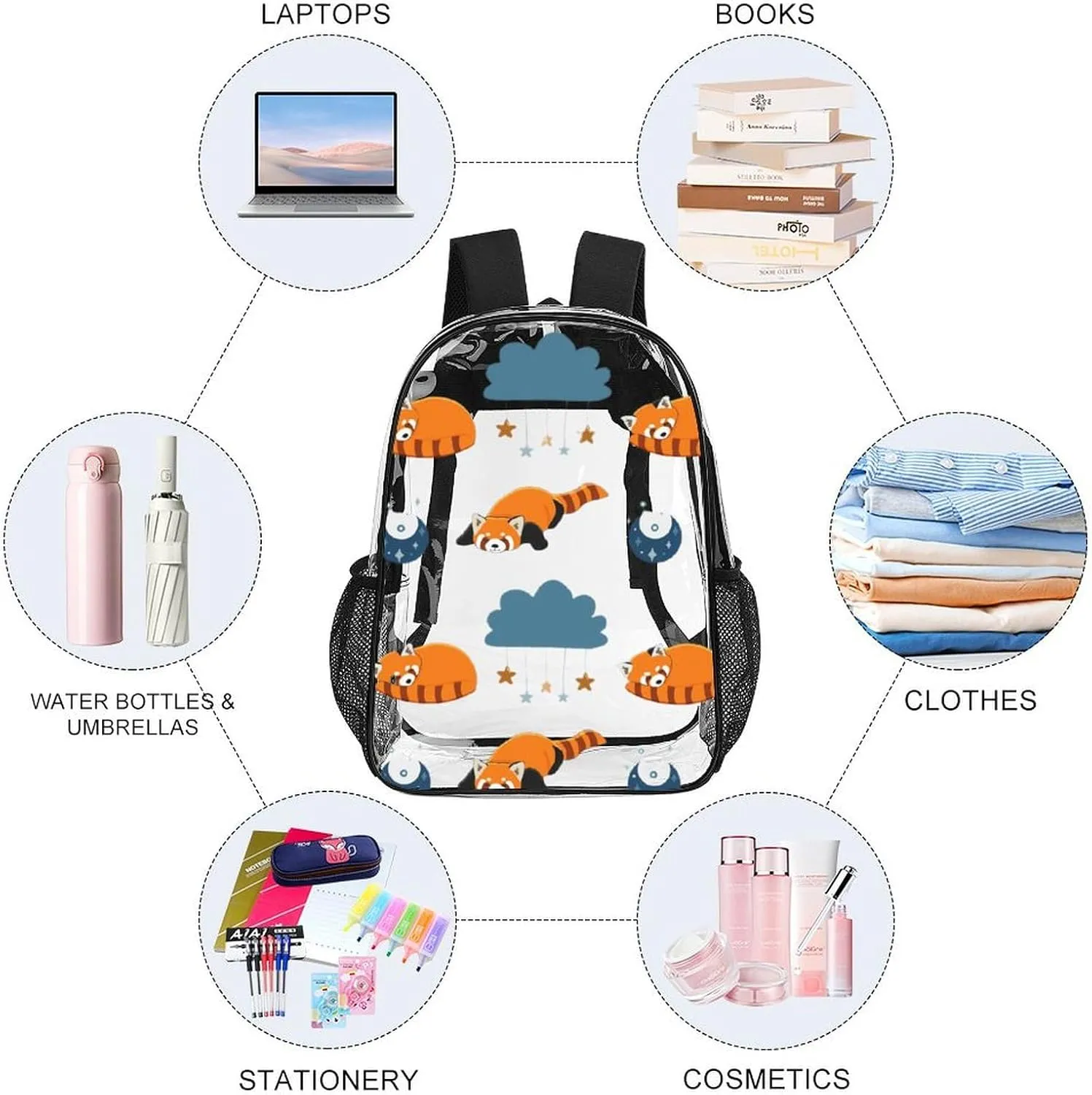 Clear Backpack Heavy Duty Red Panda Moon 16 Inch for Stadium Events Concert Travel Work Sport Hiking Waterproof Sturdy Transparent Bag for Men Women