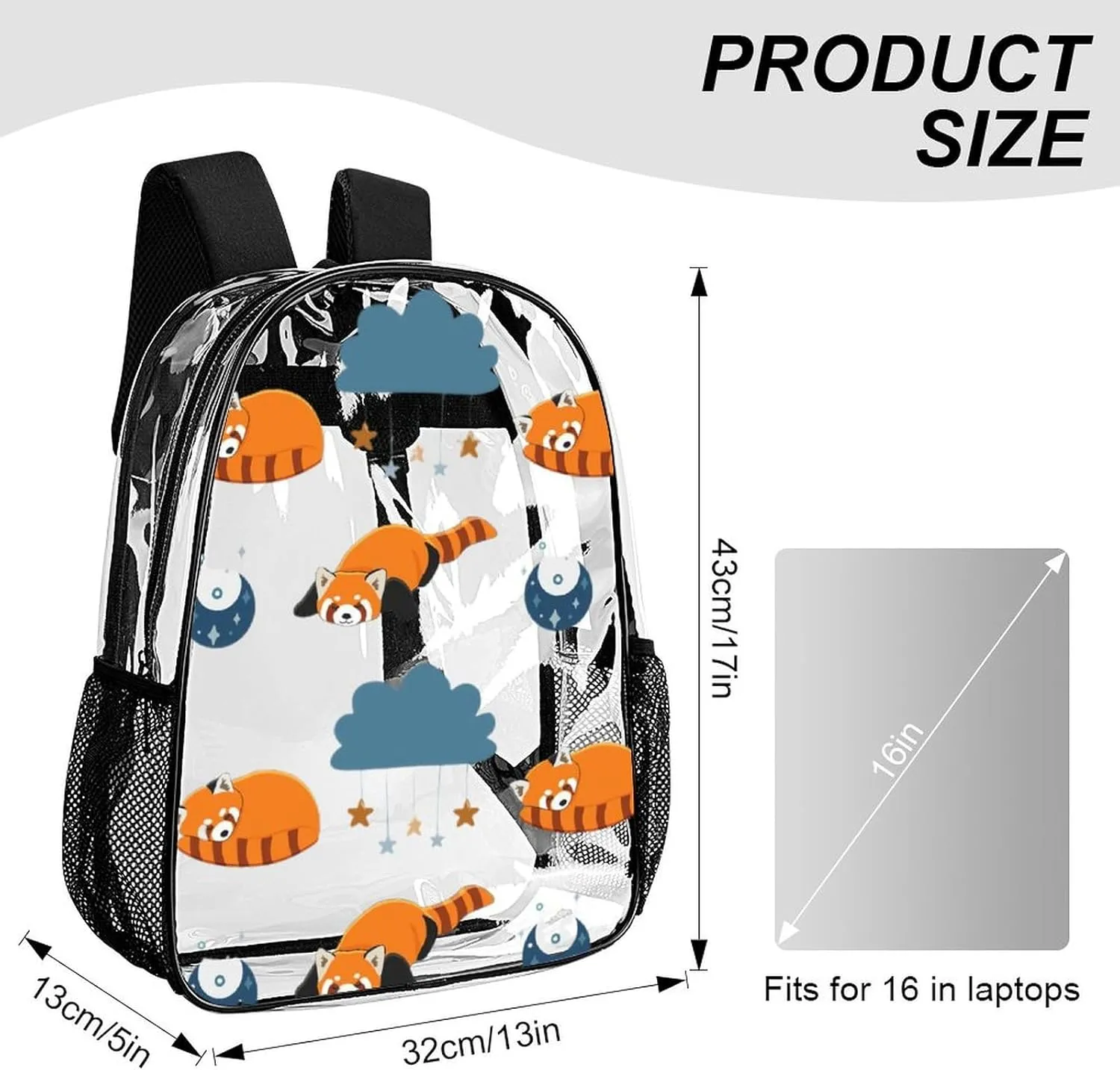 Clear Backpack Heavy Duty Red Panda Moon 16 Inch for Stadium Events Concert Travel Work Sport Hiking Waterproof Sturdy Transparent Bag for Men Women