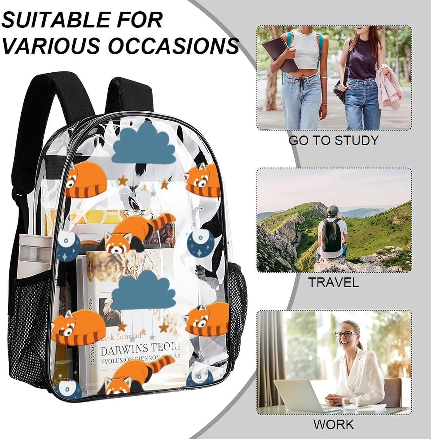 Clear Backpack Heavy Duty Red Panda Moon 16 Inch for Stadium Events Concert Travel Work Sport Hiking Waterproof Sturdy Transparent Bag for Men Women