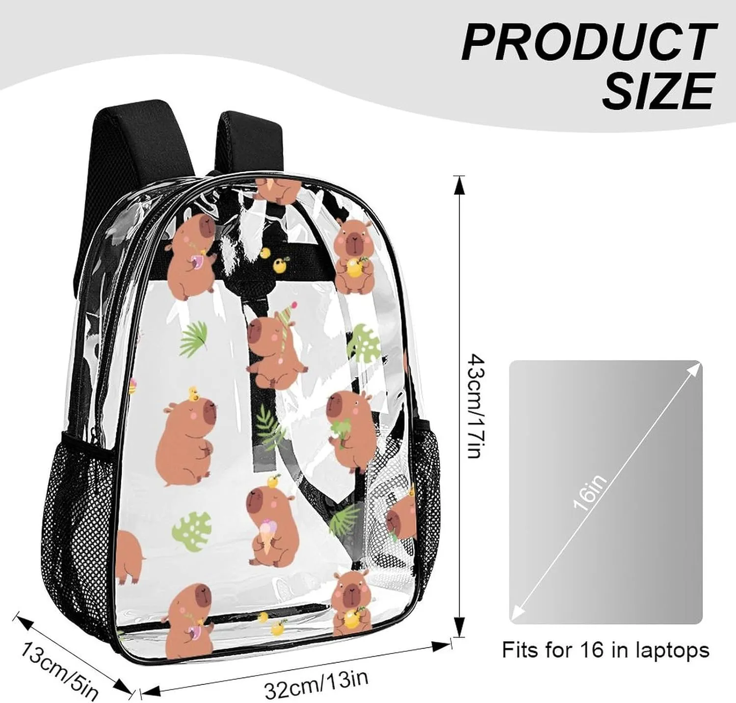 Clear Backpack Heavy Duty Summer Capybara Tuna 16 Inch for Stadium Events Concert Travel Work Sport Hiking Waterproof Sturdy Transparent Bag for Men Women