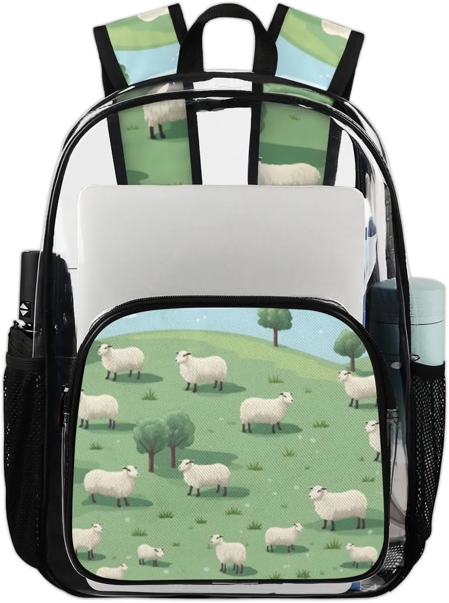 Clear Backpack Herd Sheep Clear Bag Heavy Duty PVC Backpack Sturdy Transparent Backpack for Travel, Work, Security, Sheeps on Hillside Meadow Clear Bags for Women Men,17.7inch