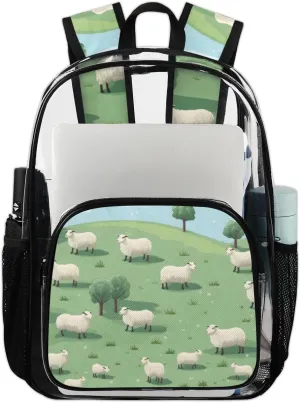 Clear Backpack Herd Sheep Clear Bag Heavy Duty PVC Backpack Sturdy Transparent Backpack for Travel, Work, Security, Sheeps on Hillside Meadow Clear Bags for Women Men,17.7inch