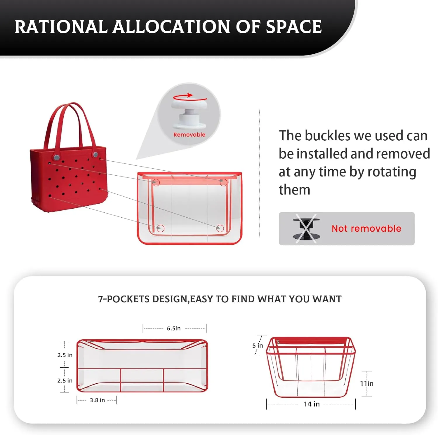 Clear Beach Bag Organizer for Bogg Bag Accessories Compatible with Bogg Bag Medium PVC Organizing Your Bags and Divide Space Red