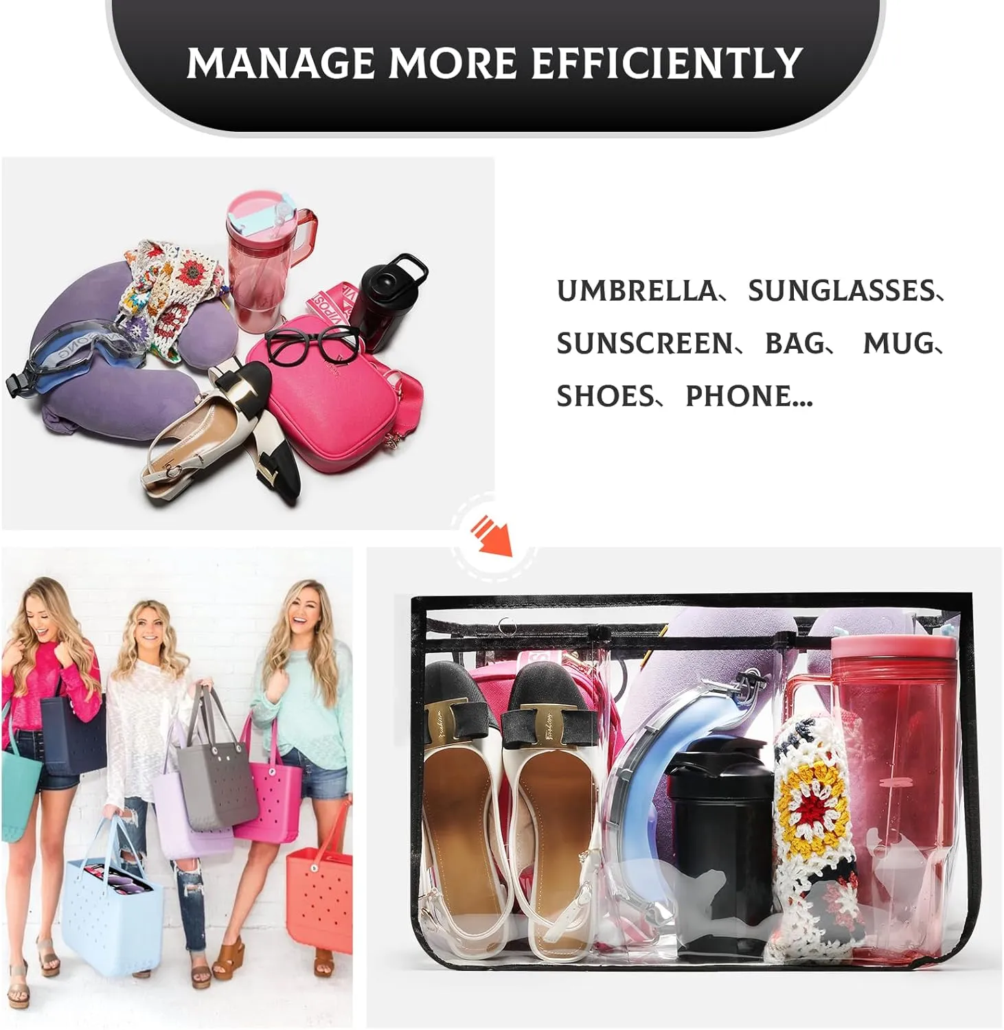 Clear Beach Bag Organizer for Bogg Bag Accessories Compatible with Bogg Bag Medium PVC Organizing Your Bags and Divide Space Red