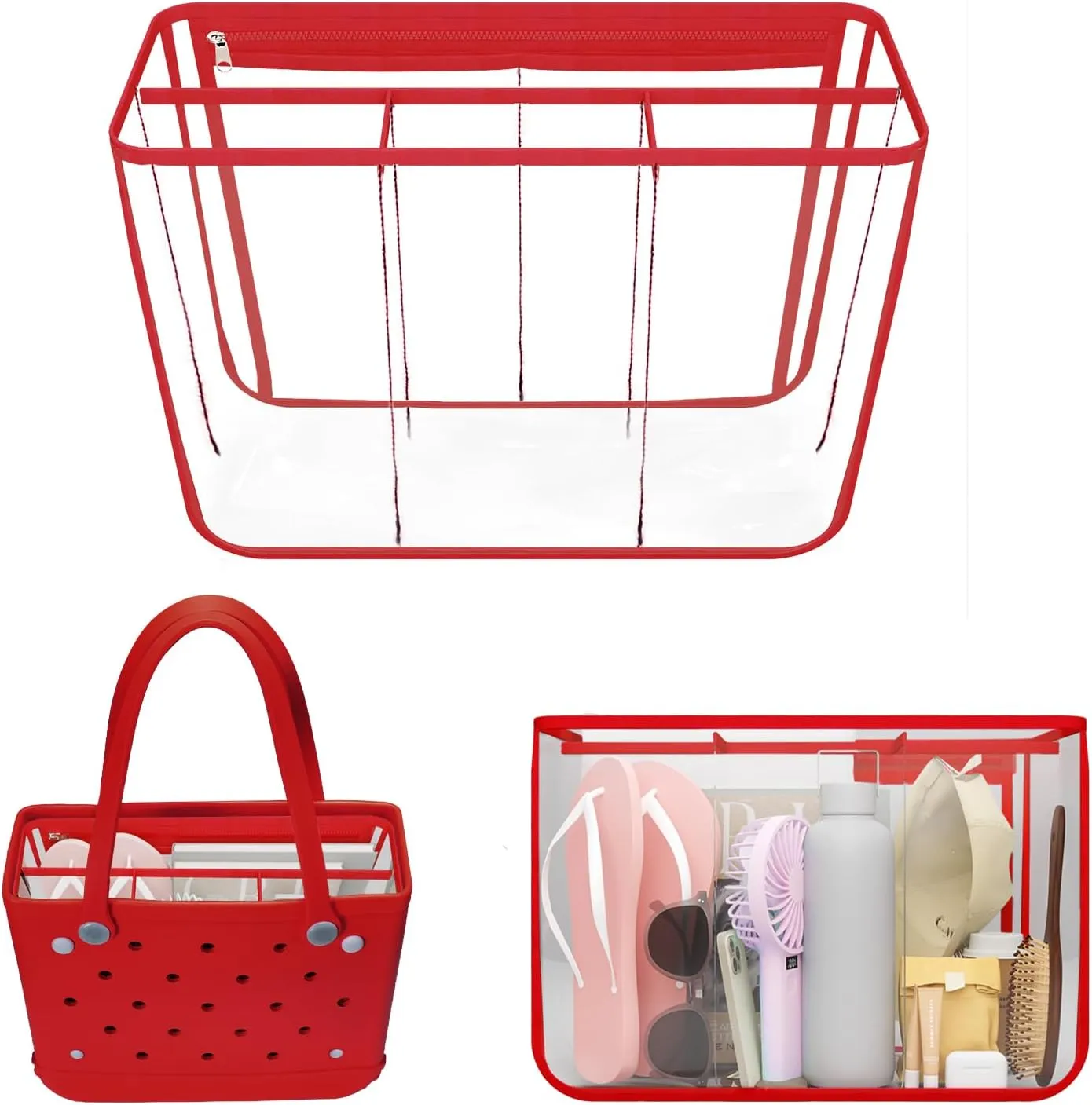 Clear Beach Bag Organizer for Bogg Bag Accessories Compatible with Bogg Bag Medium PVC Organizing Your Bags and Divide Space Red