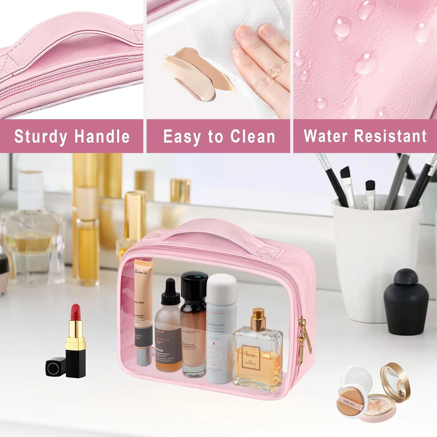 Clear Cosmetic Bags 3pack Makeup Toiletry Bag with Handle Travel Essentials for Men and Woemn Pink 3Pcs