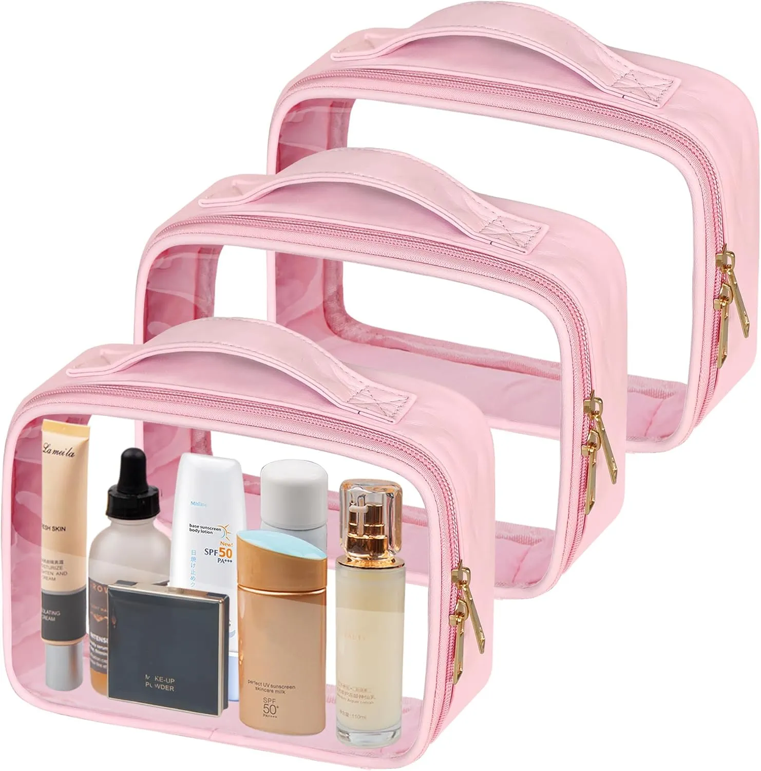 Clear Cosmetic Bags 3pack Makeup Toiletry Bag with Handle Travel Essentials for Men and Woemn Pink 3Pcs