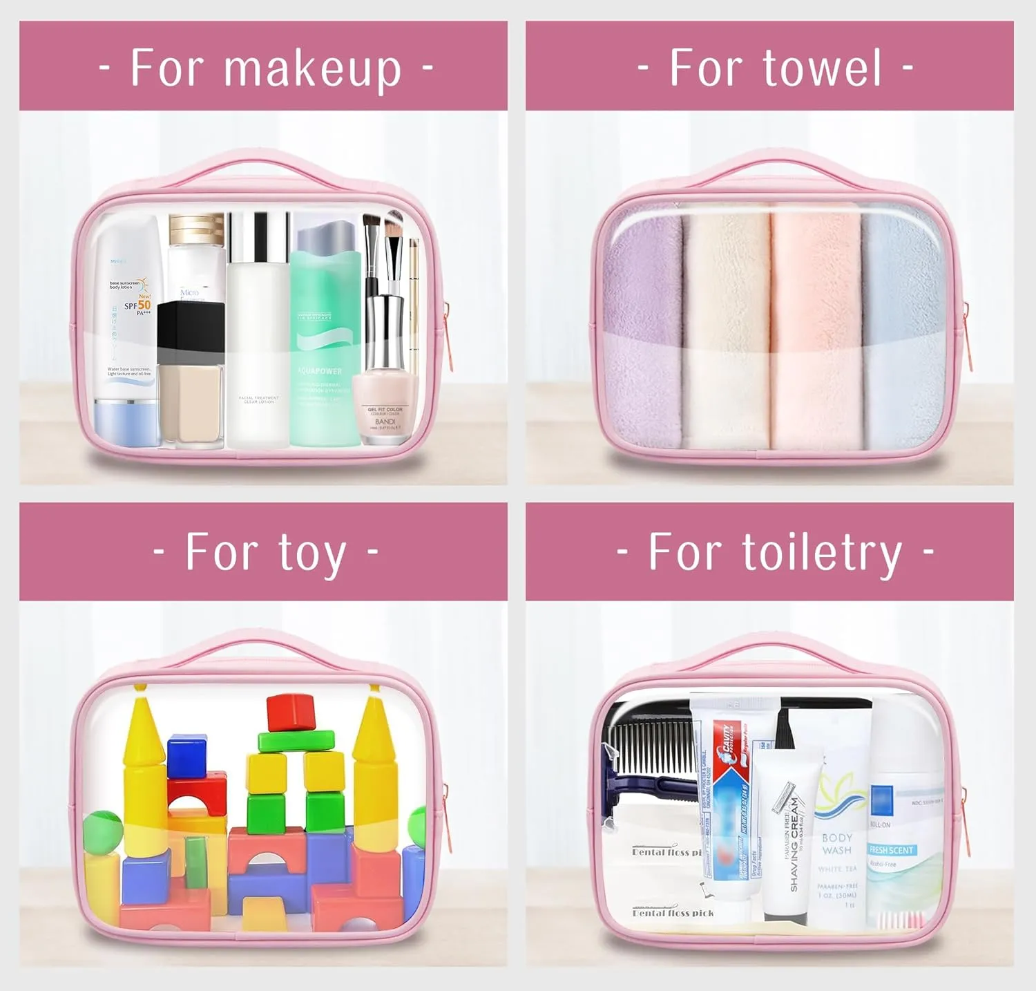 Clear Cosmetic Bags 3pack Makeup Toiletry Bag with Handle Travel Essentials for Men and Woemn Pink 3Pcs