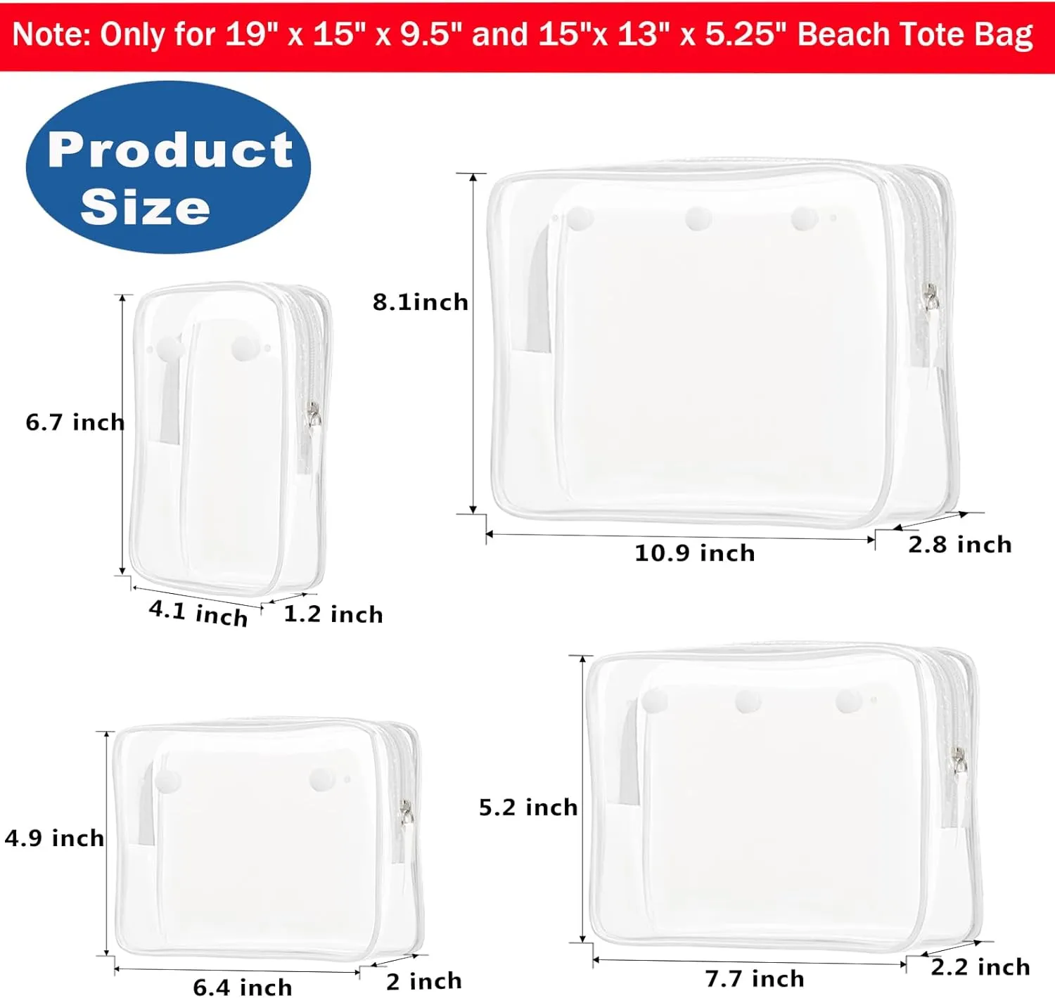 Clear Insert Bag Accessories for Beach Tote Bag, Clear Travel Storage Inner Pouch for Cosmetic, Toiletry & Makeup Brush Organizer Divider