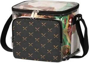 Clear Lunch Bag with Adjustable Strap and Gold Knife and Fork Pattern Printed Front Zipper Pocket Unique See Through Reusable Plastic Lunch Box for Women Men 9.4 x 8.6 x 6.3 in