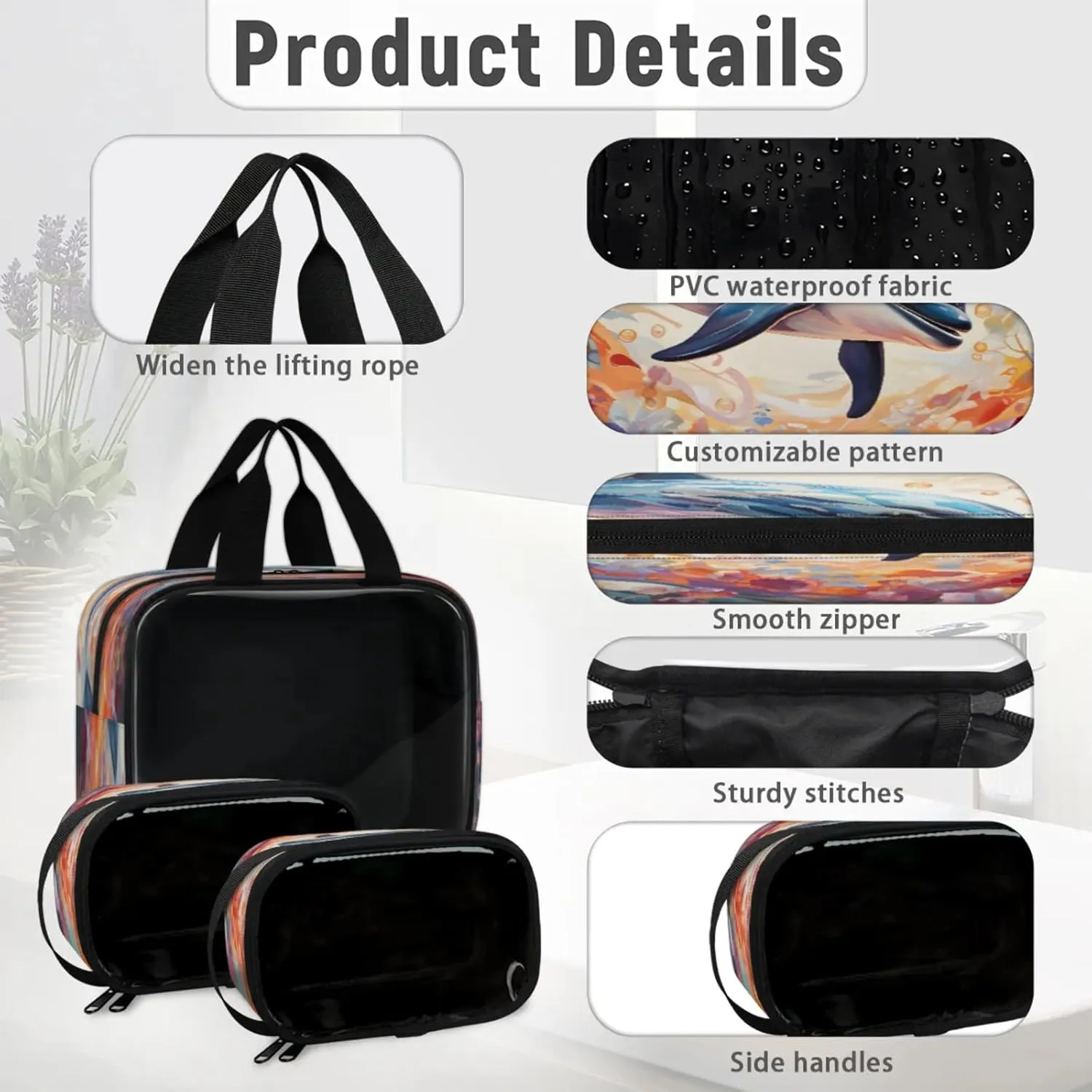 Clear Makeup Bag 3 Pieces Vintage Dolphin Toiletry Bag Portable Cosmetic Pouch Travel Organizer Water-resistant Translucent Cosmetic Bags with Dolphin