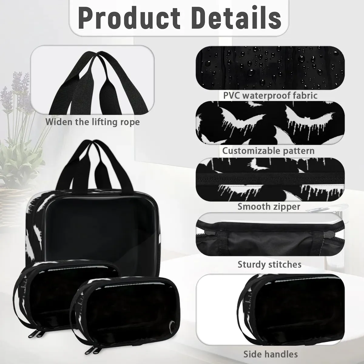 Clear Makeup Bag for Women Men, 3Pcs Transparent Cosmetic Bags Waterpoof Toiletries Set Portable Toiletry Bags with Zipper for Travel Bathroom(Bat)
