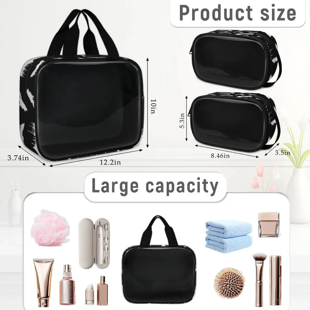 Clear Makeup Bag for Women Men, 3Pcs Transparent Cosmetic Bags Waterpoof Toiletries Set Portable Toiletry Bags with Zipper for Travel Bathroom(Bat)