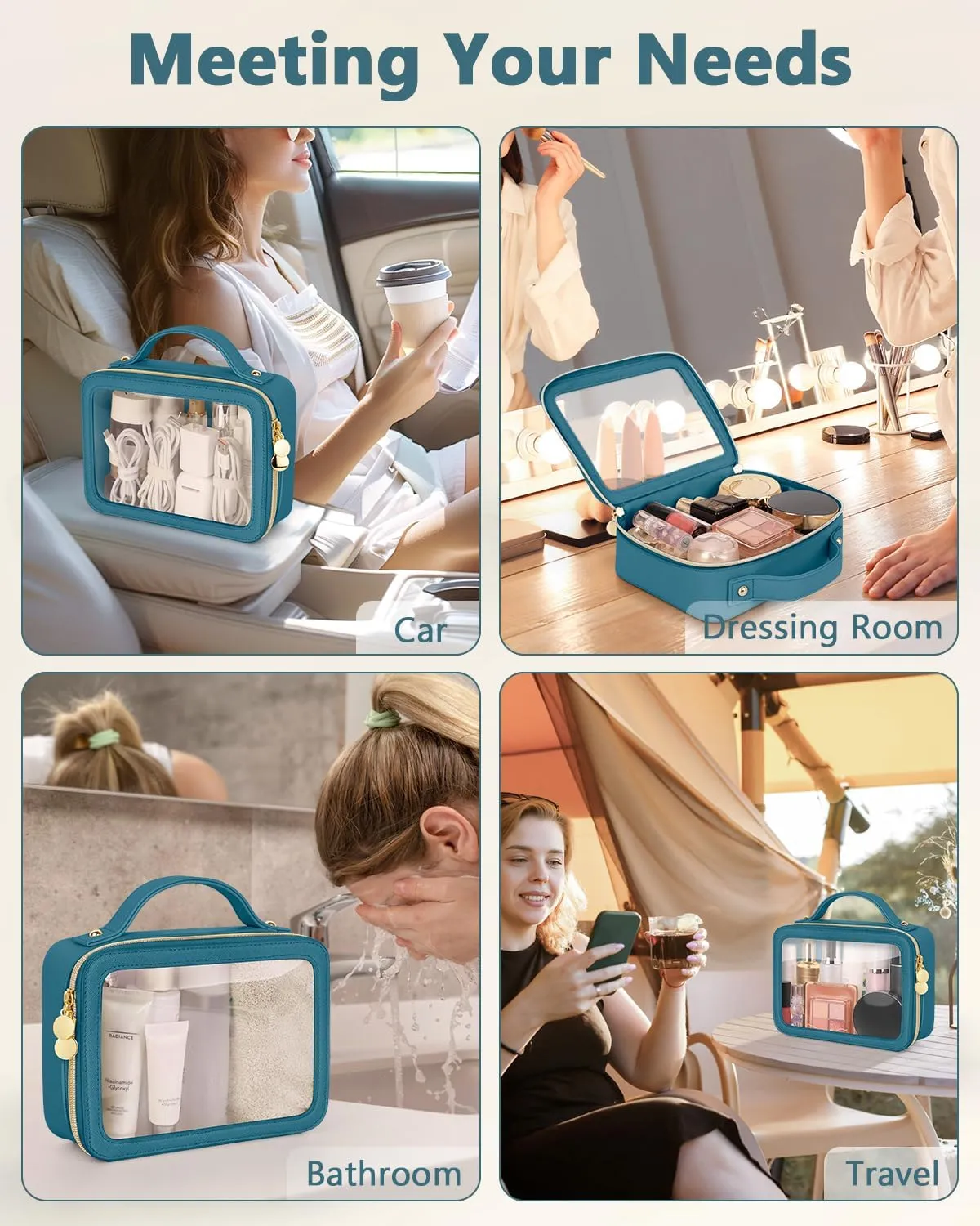 Clear Makeup Bag, Portable Travel Cosmetic Bags, Multipurpose Leather Toiletry Bag with Zipper, Waterproof Transparent Cosmetic Organizer for Women, Medium, Blue