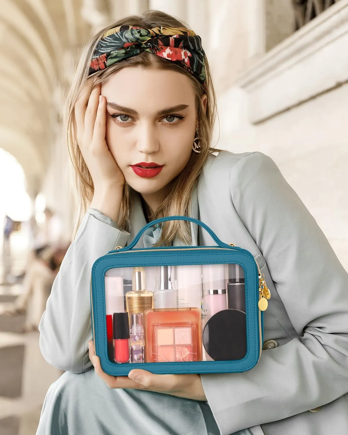Clear Makeup Bag, Portable Travel Cosmetic Bags, Multipurpose Leather Toiletry Bag with Zipper, Waterproof Transparent Cosmetic Organizer for Women, Medium, Blue