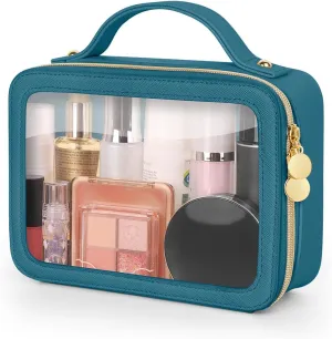 Clear Makeup Bag, Portable Travel Cosmetic Bags, Multipurpose Leather Toiletry Bag with Zipper, Waterproof Transparent Cosmetic Organizer for Women, Medium, Blue