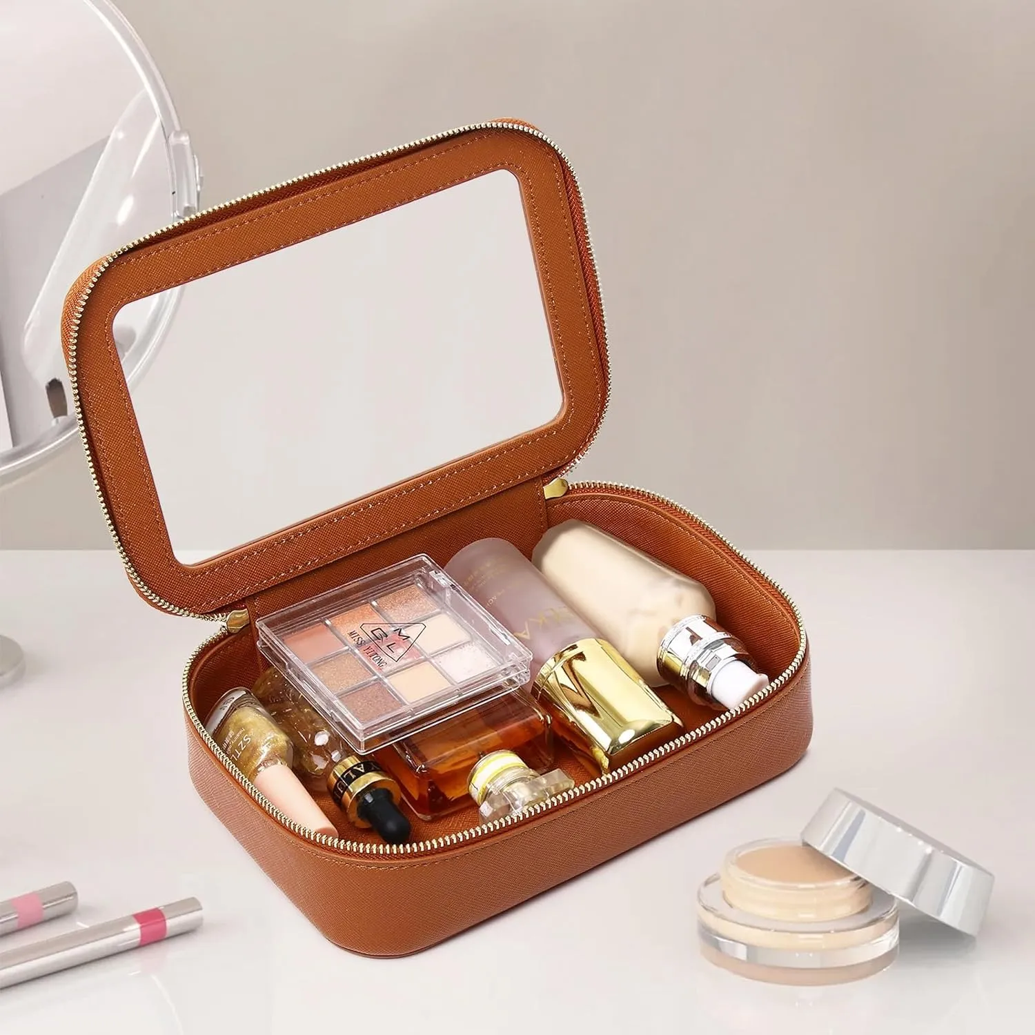 Clear Makeup Bag Small Cosmetic & Toiletry Bag Waterproof Travel Case Women's Pouch Organizer Makeup Bag for Car with Zipper (Brown, Small-1)