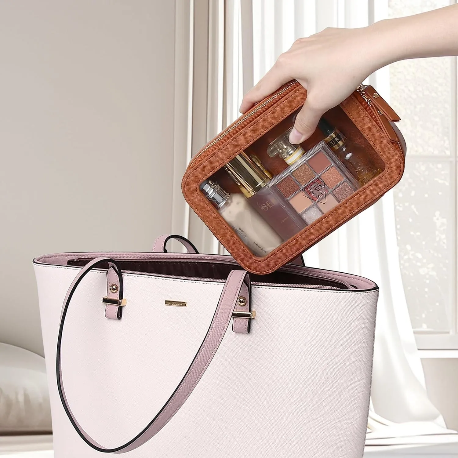 Clear Makeup Bag Small Cosmetic & Toiletry Bag Waterproof Travel Case Women's Pouch Organizer Makeup Bag for Car with Zipper (Brown, Small-1)