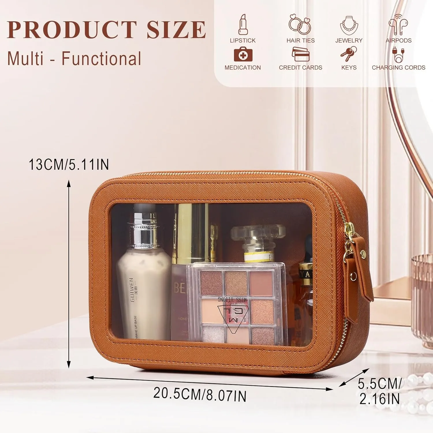 Clear Makeup Bag Small Cosmetic & Toiletry Bag Waterproof Travel Case Women's Pouch Organizer Makeup Bag for Car with Zipper (Brown, Small-1)