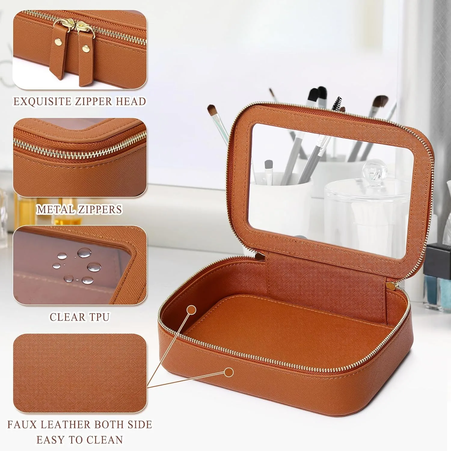 Clear Makeup Bag Small Cosmetic & Toiletry Bag Waterproof Travel Case Women's Pouch Organizer Makeup Bag for Car with Zipper (Brown, Small-1)