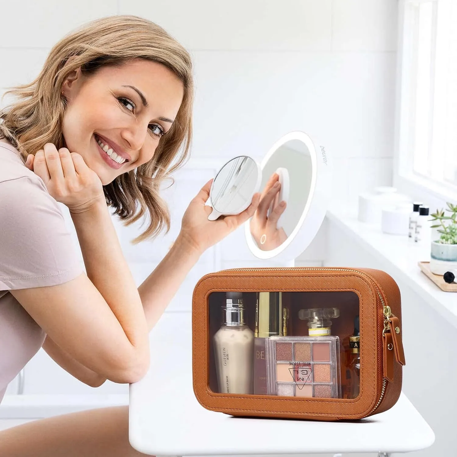 Clear Makeup Bag Small Cosmetic & Toiletry Bag Waterproof Travel Case Women's Pouch Organizer Makeup Bag for Car with Zipper (Brown, Small-1)