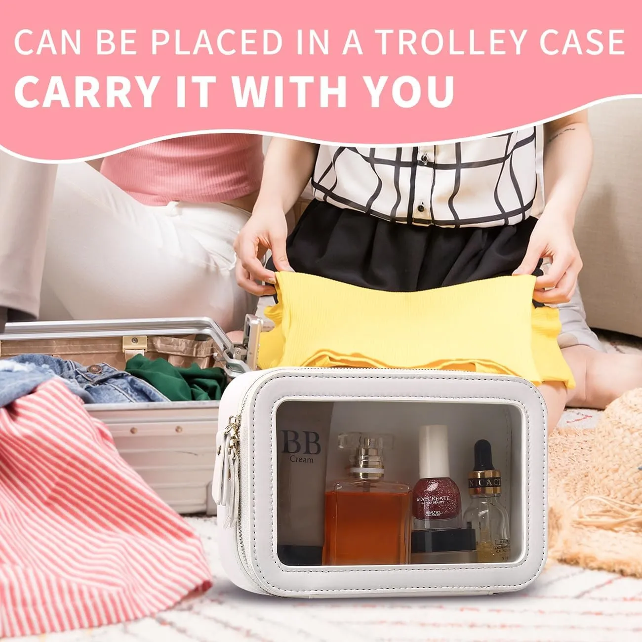 Clear Makeup Bag Small Cosmetic & Toiletry Bag Waterproof Travel Case Women's Pouch Organizer Makeup Bag for Car with Zipper (White, Small)