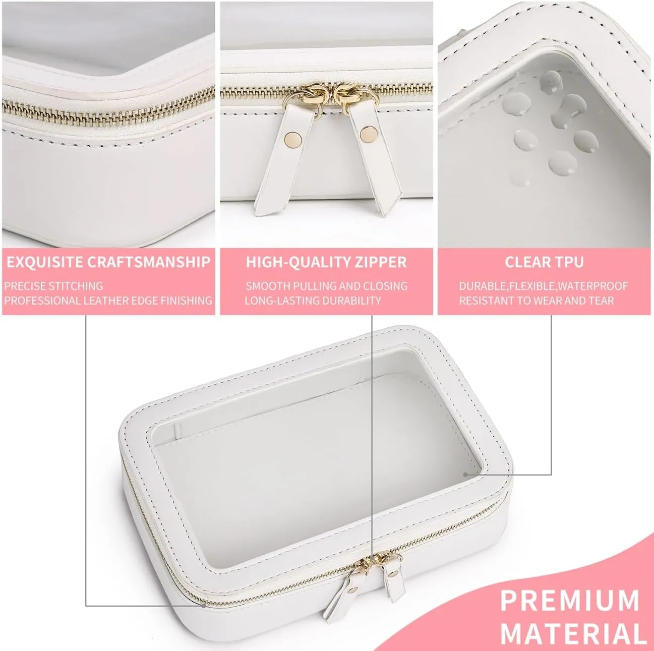 Clear Makeup Bag Small Cosmetic & Toiletry Bag Waterproof Travel Case Women's Pouch Organizer Makeup Bag for Car with Zipper (White, Small)