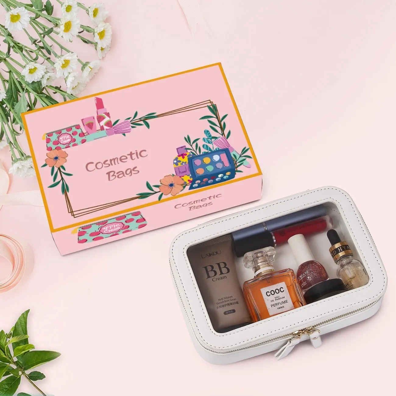 Clear Makeup Bag Small Cosmetic & Toiletry Bag Waterproof Travel Case Women's Pouch Organizer Makeup Bag for Car with Zipper (White, Small)