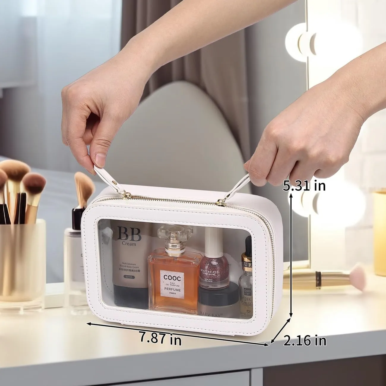 Clear Makeup Bag Small Cosmetic & Toiletry Bag Waterproof Travel Case Women's Pouch Organizer Makeup Bag for Car with Zipper (White, Small)