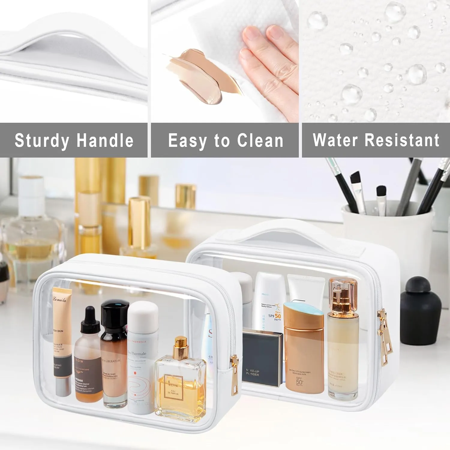 Clear Makeup Bag TSA Approved Toiletry Bag Waterproof Cosmetic Bag for Women White 2Pcs