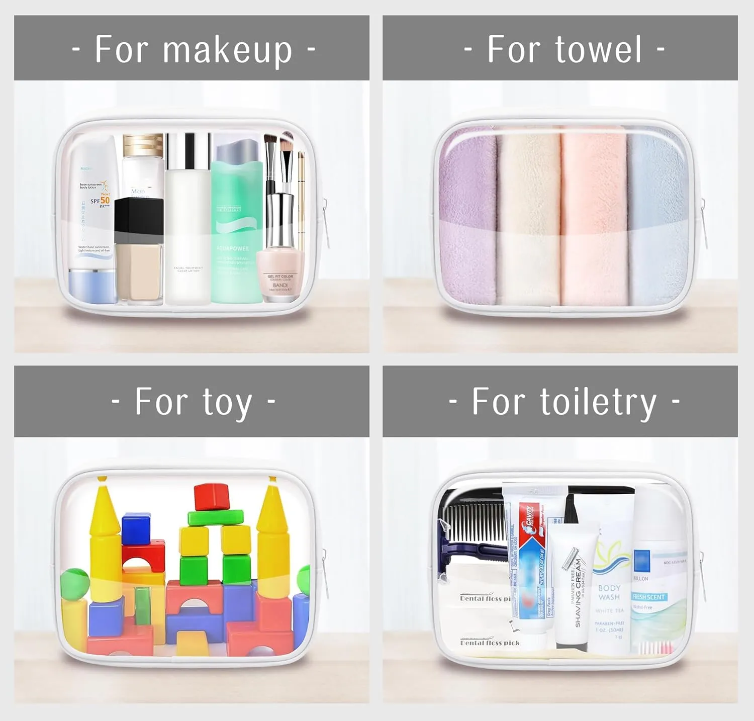 Clear Makeup Bag TSA Approved Toiletry Bag Waterproof Cosmetic Bag for Women White 2Pcs