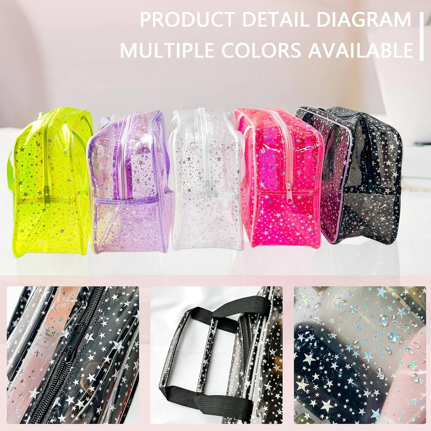 Clear Pink Star Large Cosmetic Bag 12x5x8 inch Travel Pouch with Handle,Durable PVC Material,Zipper Design-Ideal for Makeup,Travel Essentials