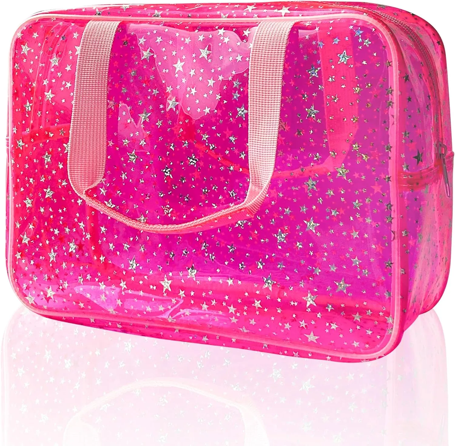 Clear Pink Star Large Cosmetic Bag 12x5x8 inch Travel Pouch with Handle,Durable PVC Material,Zipper Design-Ideal for Makeup,Travel Essentials