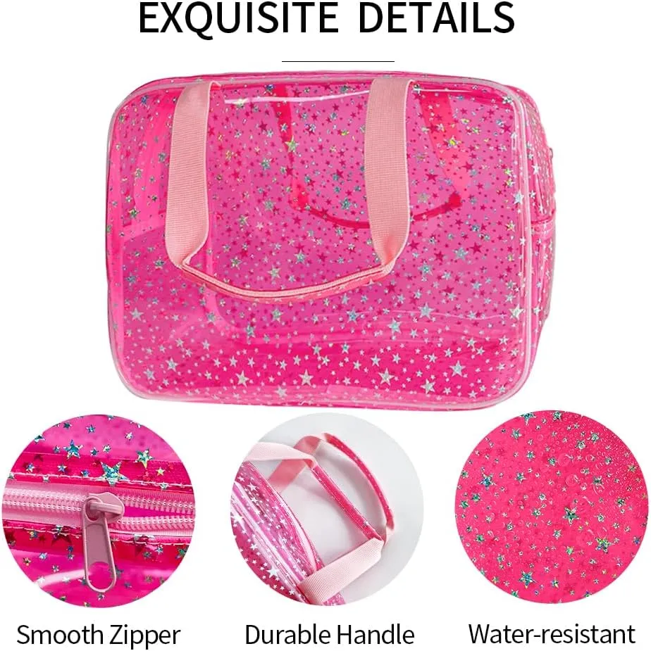 Clear Pink Star Large Cosmetic Bag 12x5x8 inch Travel Pouch with Handle,Durable PVC Material,Zipper Design-Ideal for Makeup,Travel Essentials