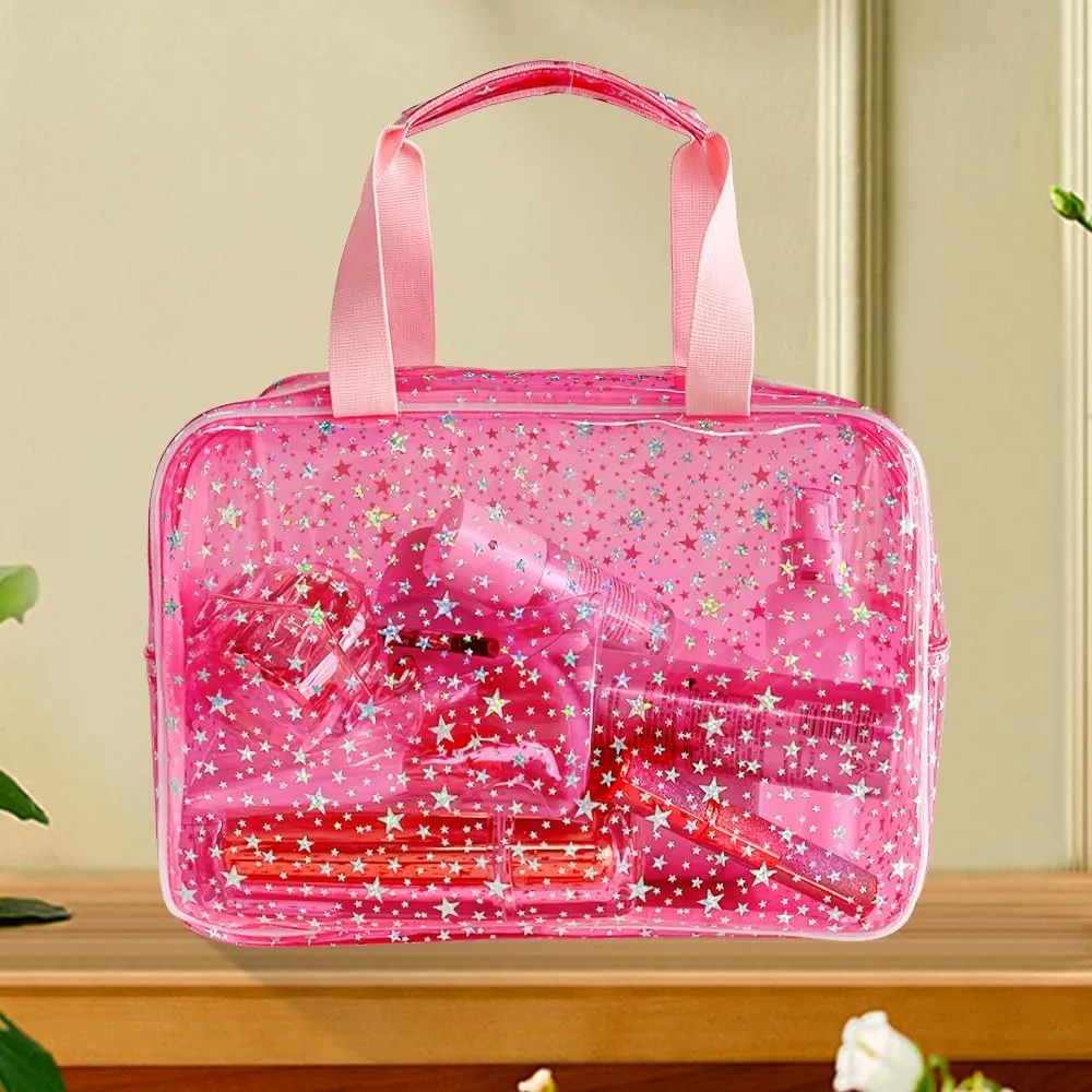 Clear Pink Star Large Cosmetic Bag 12x5x8 inch Travel Pouch with Handle,Durable PVC Material,Zipper Design-Ideal for Makeup,Travel Essentials