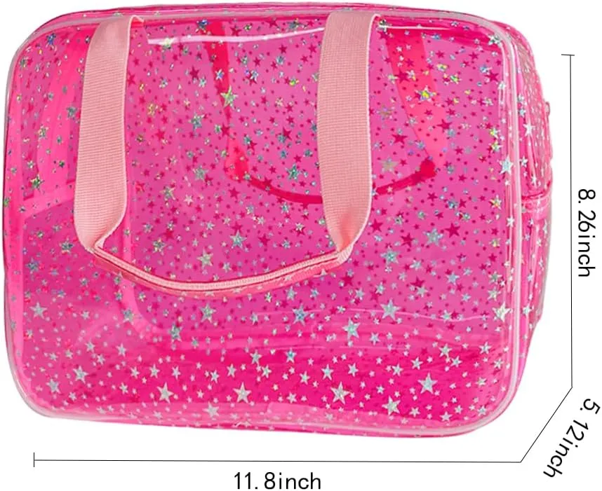 Clear Pink Star Large Cosmetic Bag 12x5x8 inch Travel Pouch with Handle,Durable PVC Material,Zipper Design-Ideal for Makeup,Travel Essentials