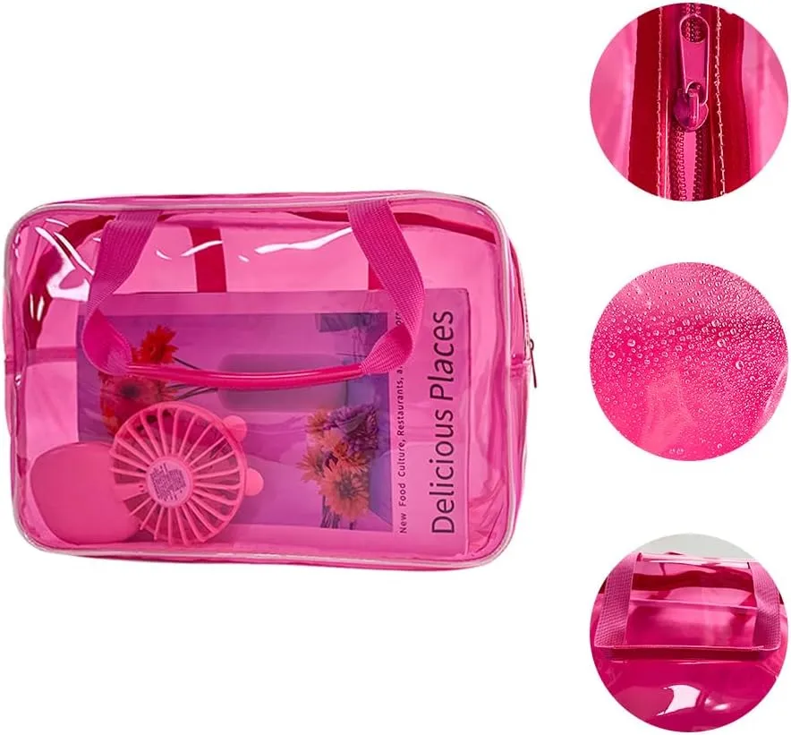 Clear Pink Star Large Cosmetic Bag 12x5x8 inch Travel Pouch with Handle,Durable PVC Material,Zipper Design-Ideal for Makeup,Travel Essentials