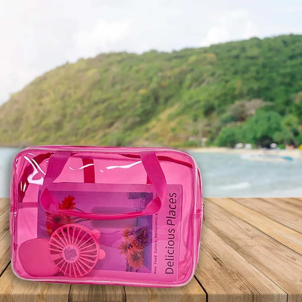 Clear Pink Star Large Cosmetic Bag 12x5x8 inch Travel Pouch with Handle,Durable PVC Material,Zipper Design-Ideal for Makeup,Travel Essentials