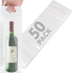 Clear Plastic To Go Wine Bags with Handles - 50 Pack - Great for Restaurants, Bars, Travel, and Housewarming Gifts - Fits 25 oz Bottles - Tamper Proof Seal