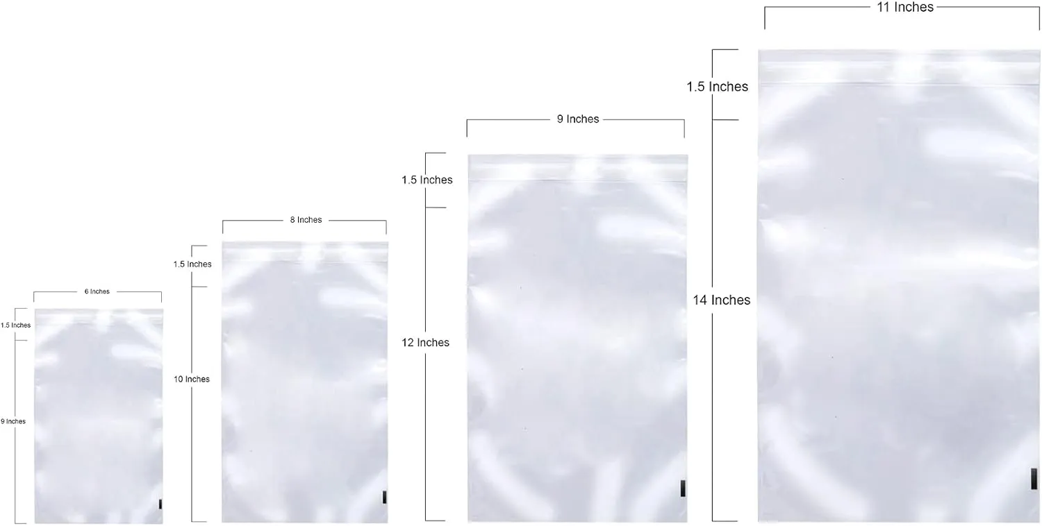 Clear Poly Bags Combo Pack – 6x9", 8x10", 9x12", 11x14" – 400 Pack (100 Bags Each Size) – Extra Strong Seal Plastic Bags for Packaging Products