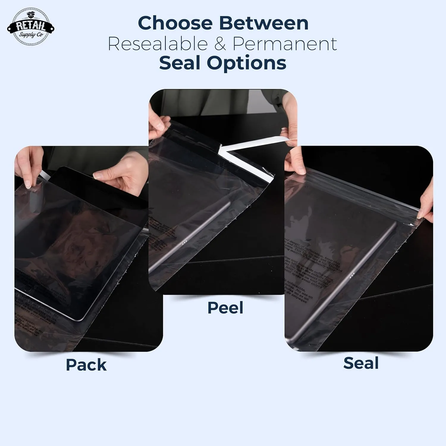 Clear Poly Bags with Suffocation Warning - Choose 6x9, 8x10, 9x12, 11x14, 14x20 or 20x24 (9x12 Resealable)